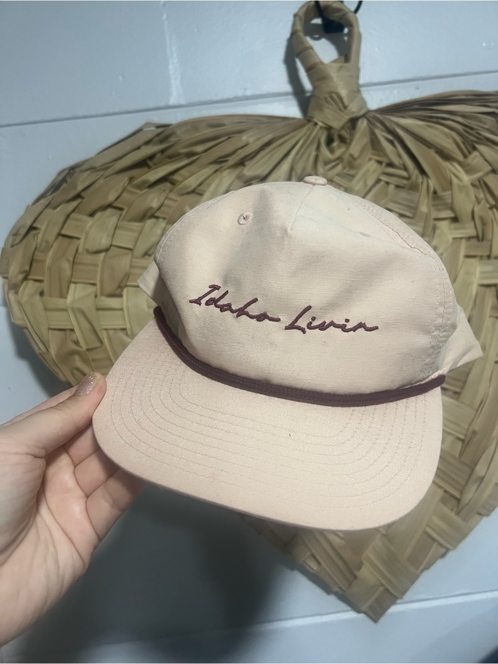 Idaho-Lovin' Embroidered Rope Baseball Cap - Light Beige with Burgundy